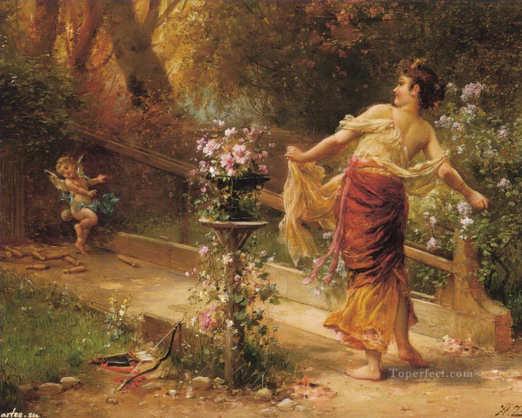 floral angel with girl Hans Zatzka beautiful woman lady Oil Paintings